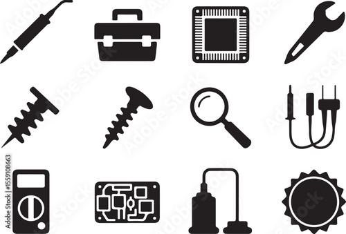 Essential Toolkit Icons  Screws, Soldering Iron, Circuit Board, and More