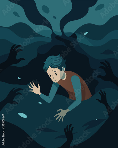 It was as if he were drowning in a sea of bleak gloomy thoughts unable to find a way to the surface.. Vector illustration