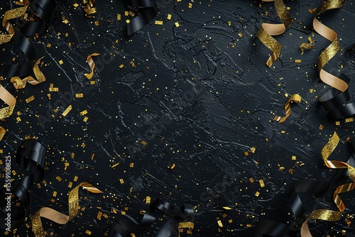minimalistic design New Years party frame of shiny black and gold black and gold streamers and confetti
