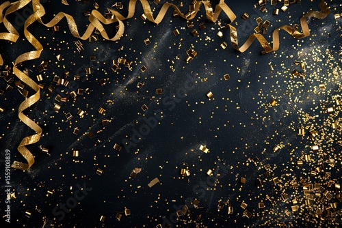 minimalistic design New Years party frame of shiny black and gold black and gold streamers and confetti
