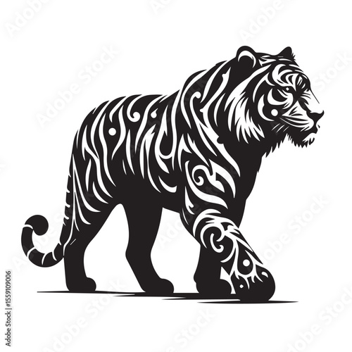 Stylized black tiger silhouette with ornate tribal patterns walking