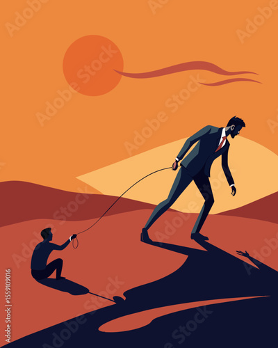 As the sun sets on the desert a mans shadow is pulled and dragged by an unseen force as if controlled by an invisible hand.. Vector illustration