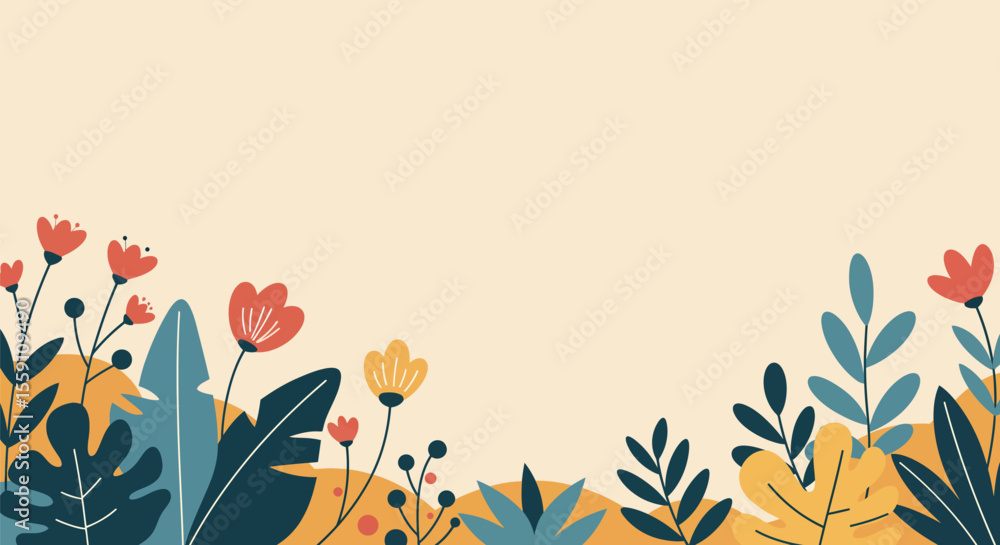 Obraz premium Floral Vector Background with Red and Yellow Flowers and Blue Leaves