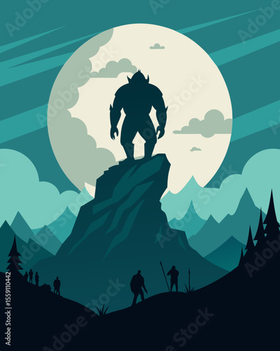 High up on a mountain the massive silhouettes of trolls can be seen against the moon casting an imposing presence on the landscape.. Vector illustration