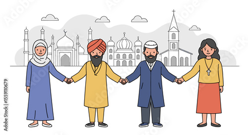 Interfaith Unity: Four Individuals Holding Hands Before Religious Buildings