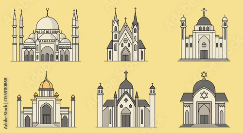 Simple Line Art Illustrations of Various Houses of Worship