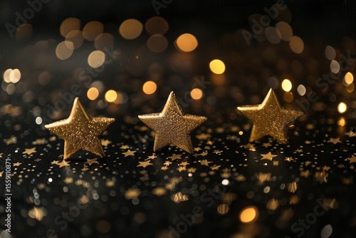 minimalistic design three gold stars on a black background with sparkles and stars, the extreme right third of an image