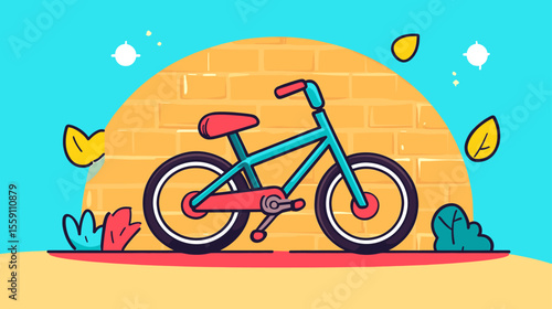 Stylized Teal Bicycle with Red Accents Against a Brick Wall Backdrop
