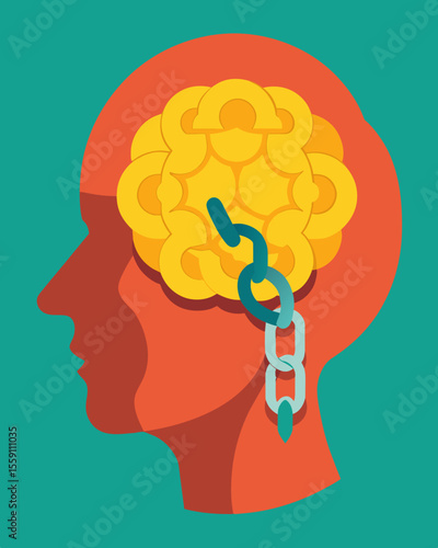 The chains on the brain tug and pull controlling every move and preventing individual growth.. Vector illustration