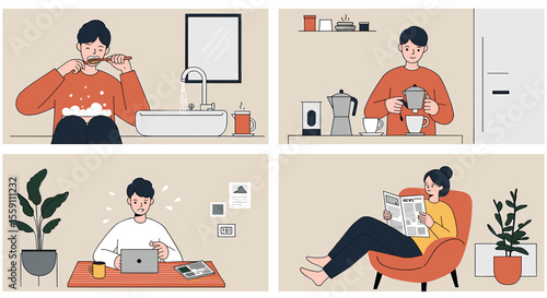 Daily Routine Illustration: Morning Hygiene, Coffee, Work, Relaxation