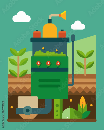 A composting machine that turns organic waste into nutrientrich soil for gardening and farming.. Vector illustration