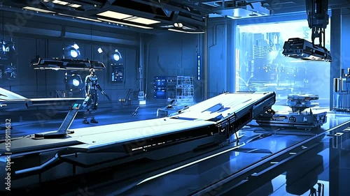 Futuristic laboratory with robotic figures and advanced technology in a high-tech environment