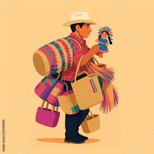 Vendedor latino ambulante de canastas, muñecas y artesanias 