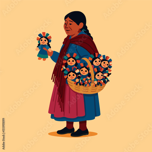 Vendedora ambulante señora de muñecas artesanales latina