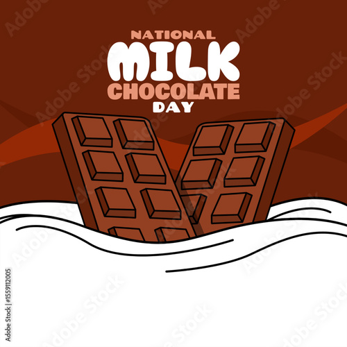 National Milk Chocolate Day to celebrate on July 28th. Two delicious chocolate bars dipped in white milk on dark brown background. Dessert event banner