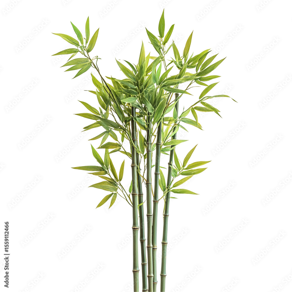 Fototapeta premium Lush green bamboo stalks with vibrant leaves isolated on black background