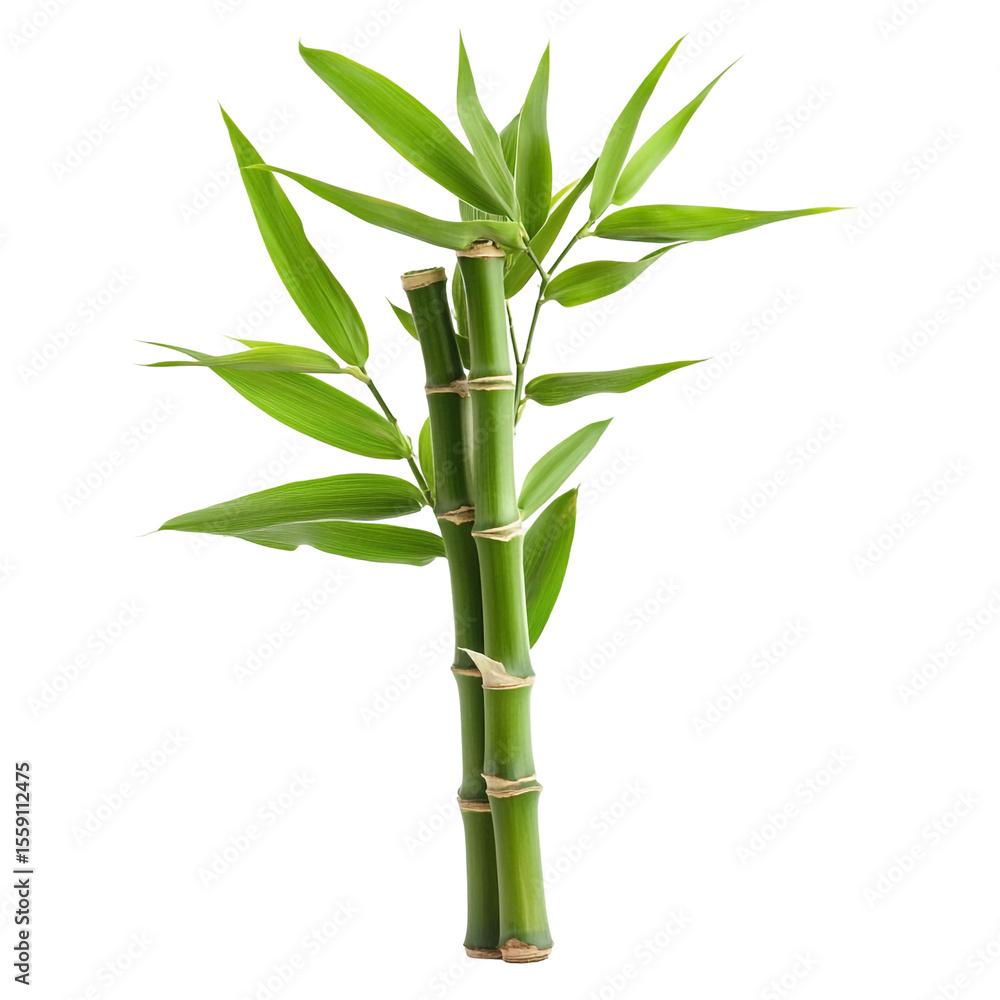 Fototapeta premium Two stalks of bamboo with vibrant green leaves isolated on black background a lush natural scene