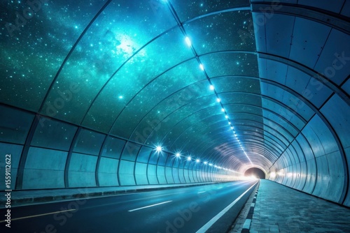 Futuristic tunnel with a starry sky ceiling and bright lights