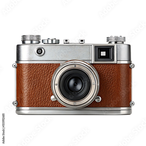 Vintage analog camera with textured brown leather and silver accents isolated on a transparent background