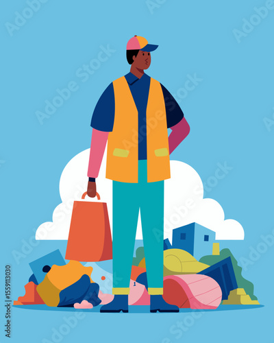 A landfill worker stands amidst the sea of fast fashion waste contemplating the consequences of a throwaway fashion society.. Vector illustration