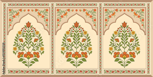 Traditional Mughal flower motif. Traditional wall decorative flower painting. Mughal wall paintings.