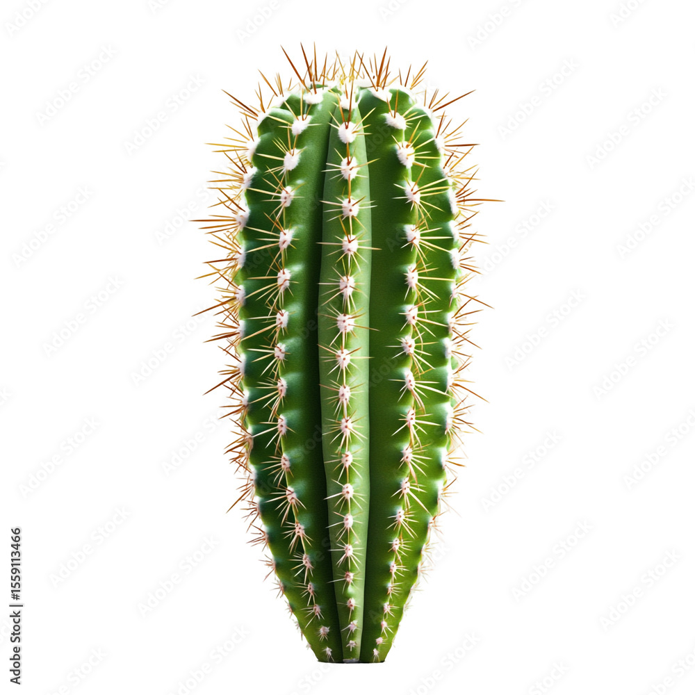 Naklejka premium A vibrant green cactus with long sharp spines isolated on a black background