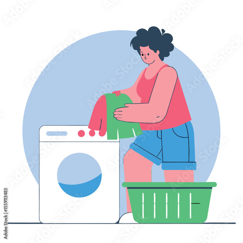 Woman loading clothes into a washing machine with a laundry basket