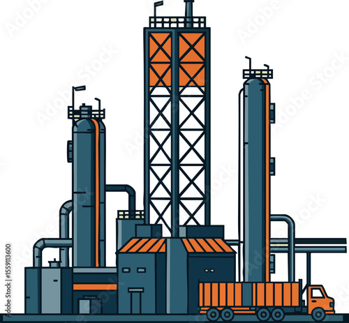Industrial factory building with storage tanks and tanker truck vector illustration in modern flat style