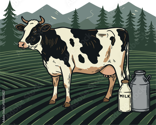 Cow standing in green field with milk cans and pine trees under mountain landscape vector illustration