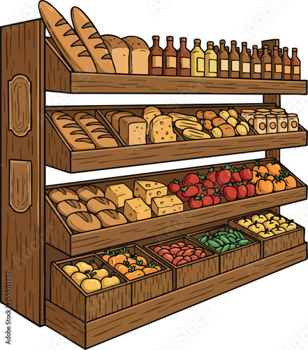 Bread and vegetable display shelf with various loaves fruits and bottles in grocery store vector illustration