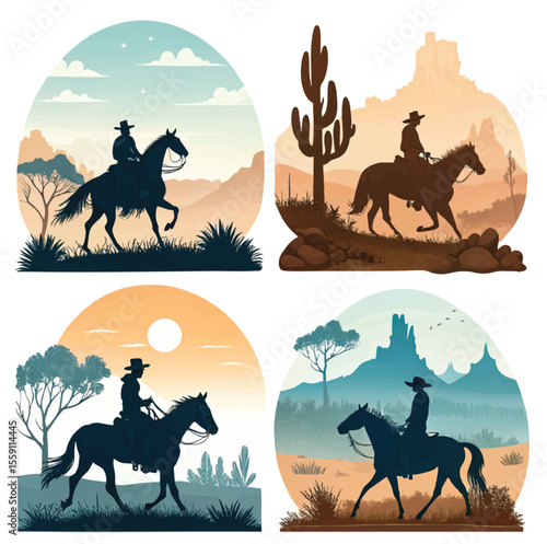 Cowboy Silhouette Collection Riding Horse in Western Scenes with white background.




