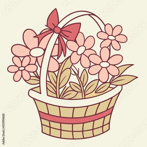 A Sweetly Arranged Basket Overflowing with Delicate Pink Blossoms and Lush Greenery Decorated with a Charming Ribbon Bow