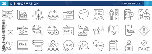 A set of line icons related to Disinformation. Fake, interview, information, warning, network, mask, call, and so on. Vector editable stroke.