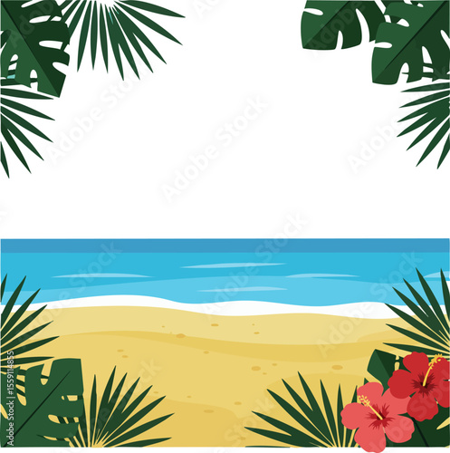 Tropical beach frame with green palm leaves and red hibiscus flowers summer decoration vector design