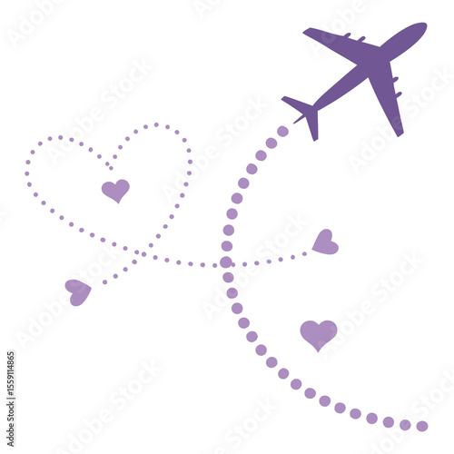 Purple Airplane Flying and Creating a Heart Shape with Dotted Lines and Hearts