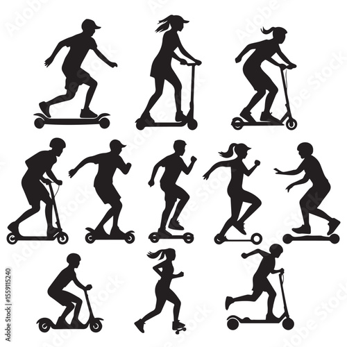 Diverse group of people silhouettes riding scooters and rollerblading in various dynamic poses