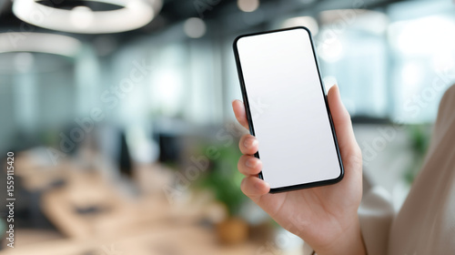 Person holding a blank screen smartphone in an office environment with blurred background detail visible