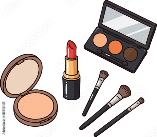 Makeup set with lipstick, eyeshadow palette, powder compact, and brushes vector illustration for beauty and cosmetics design