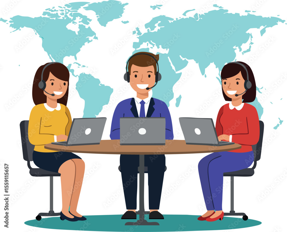 Fototapeta premium Customer support team working with laptops and headsets in office with world map background vector illustration