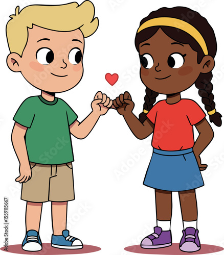 Children making pinky promise friendship heart symbol boy and girl cartoon style illustration vector