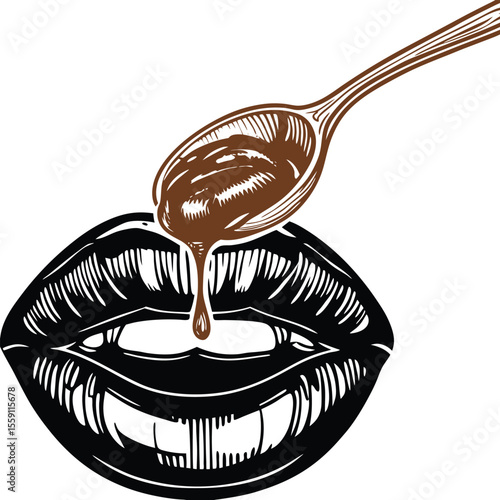 Brown Spoon Pouring Chocolate onto Black Lips Graphic Illustration vector