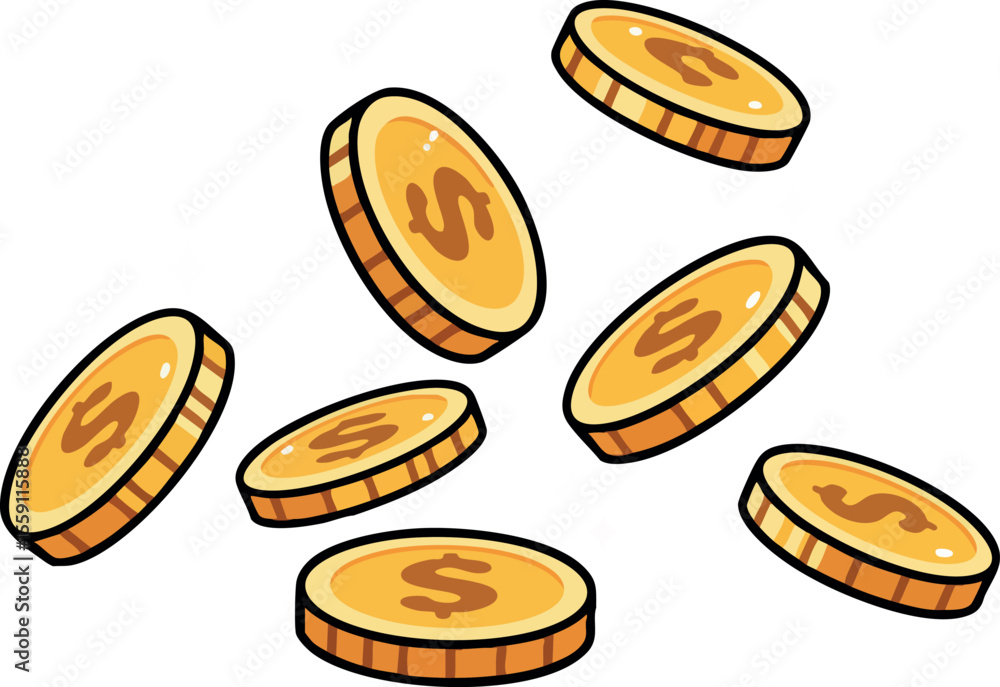 Fototapeta premium Falling gold coins with dollar signs symbolizing wealth and financial success in vector design style