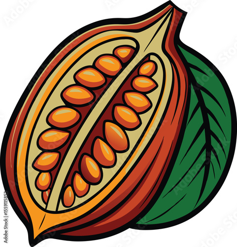 Cacao Pod Open Showing Seeds Brown Orange Yellow Green Leaf beans cocoa
