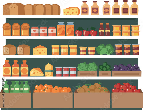 Grocery store shelves with fresh bread cheese vegetables jars and bottles in organized display vector illustration