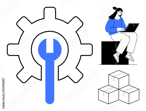 Wrench inside a gear, woman on laptop, and storage boxes connect ideas of logistics, teamwork, and system efficiency. Ideal for technology, innovation, management, storage collaboration workflow
