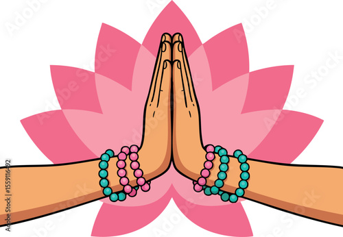 Vector illustration of hands in prayer gesture with colorful beaded bracelets and pink lotus flower background for meditation and spirituality
