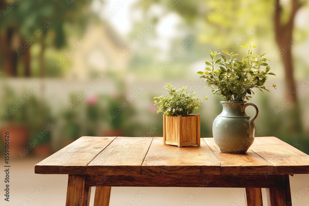Wooden Table Outdoors with Plants Wooden Table Outdoors with Plants