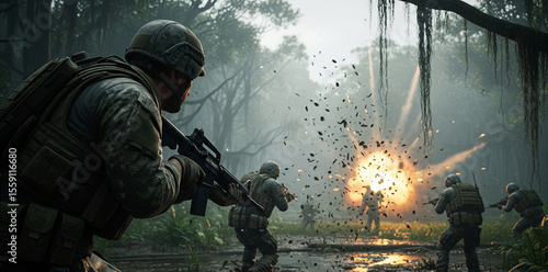 Fototapeta Naklejka Na Ścianę i Meble -  Intense Jungle Combat with Soldiers and an Explosion