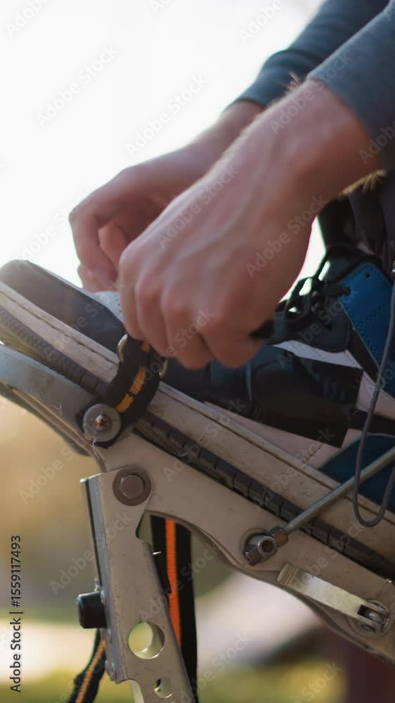 Close-up of young man s hands adjusting straps on archery equipment outdoors. He is wearing gray hoodie with soft sunlight illuminating scene, while blurred greenery in background Close-up of young man s hands adjusting straps on archery equipment outdoors. He is wearing gray hoodie with soft sunlight illuminating scene, while blurred greenery in background