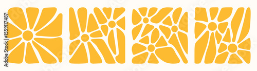 Set of 70s wavy sun flowers background. Summer  wavy flower retro groovy background. Yellow retro groovy flowers. 